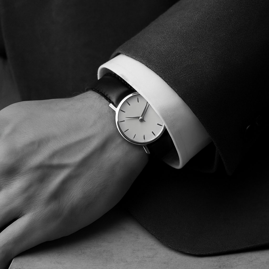 Tailored jacket cuff and minimalist watch on stone surface.